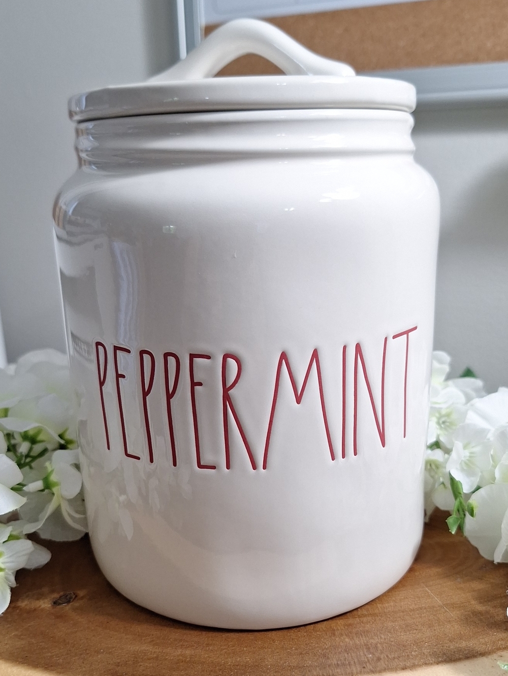 #ADX Rae Dunn Peppermint Ceramic Canister with Lid - White and Red